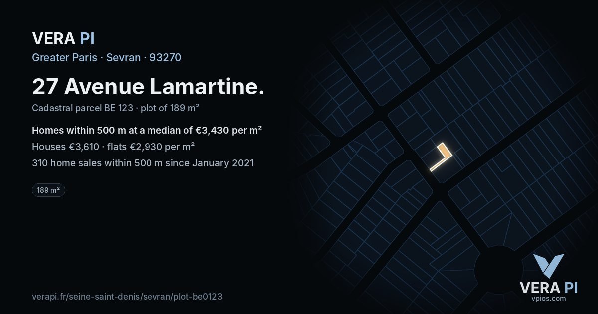 27 Avenue Lamartine, Sevran at night – the plot lit, the parcels around coloured by the prices near them