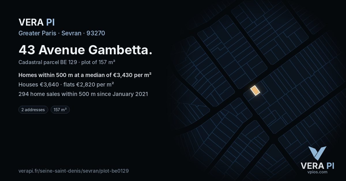 43 Avenue Gambetta, Sevran at night – the plot lit, the parcels around coloured by the prices near them