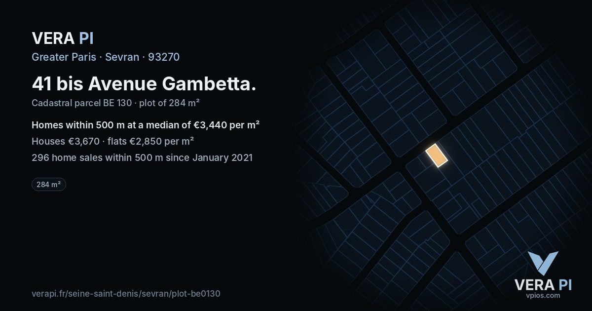 41 bis Avenue Gambetta, Sevran at night – the plot lit, the parcels around coloured by the prices near them