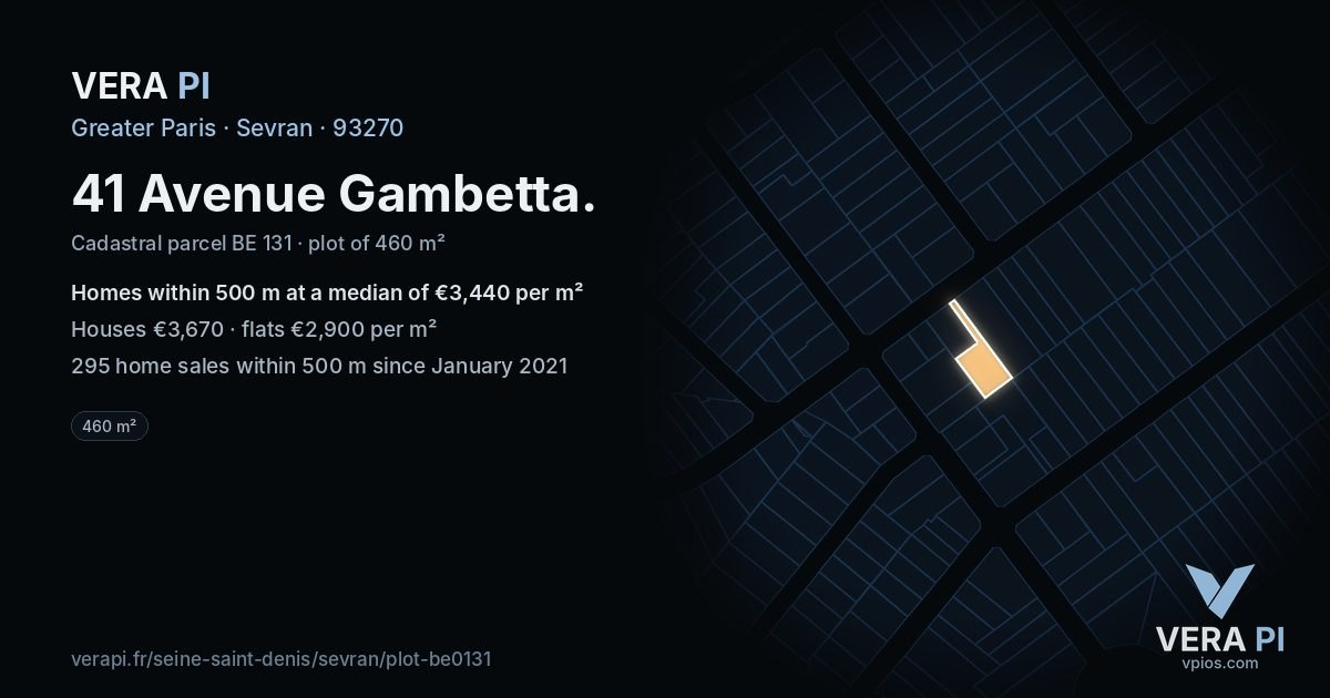 41 Avenue Gambetta, Sevran at night – the plot lit, the parcels around coloured by the prices near them