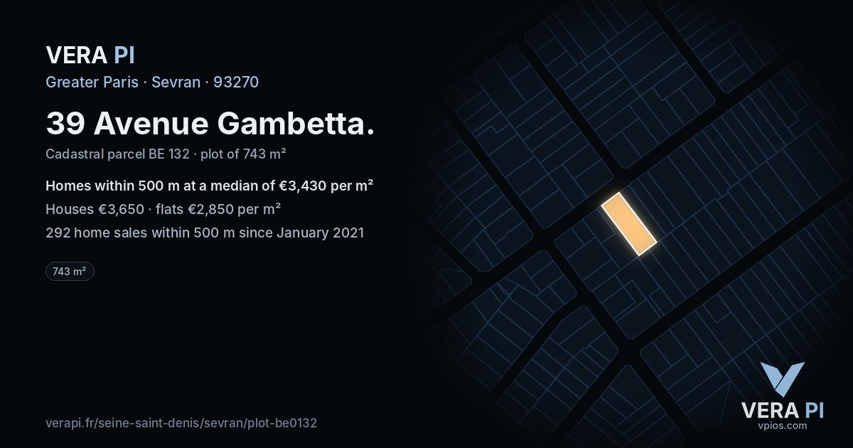 39 Avenue Gambetta, Sevran at night – the plot lit, the parcels around coloured by the prices near them