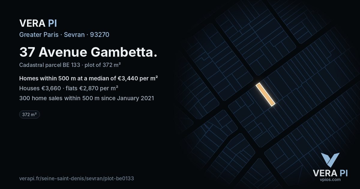 37 Avenue Gambetta, Sevran at night – the plot lit, the parcels around coloured by the prices near them