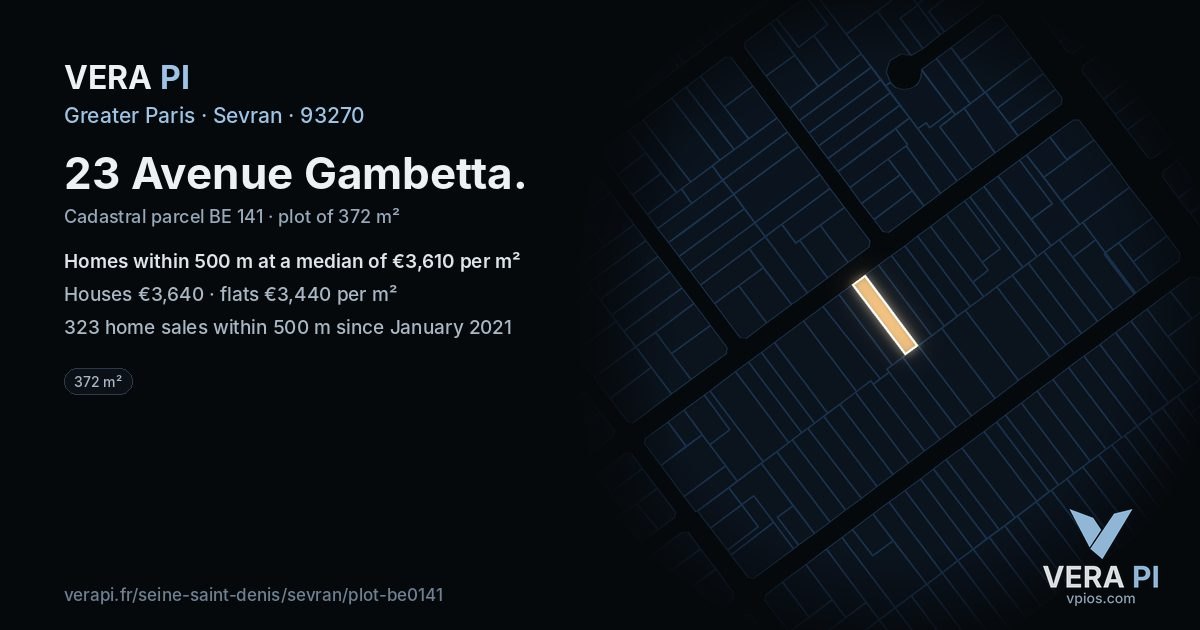 23 Avenue Gambetta, Sevran at night – the plot lit, the parcels around coloured by the prices near them
