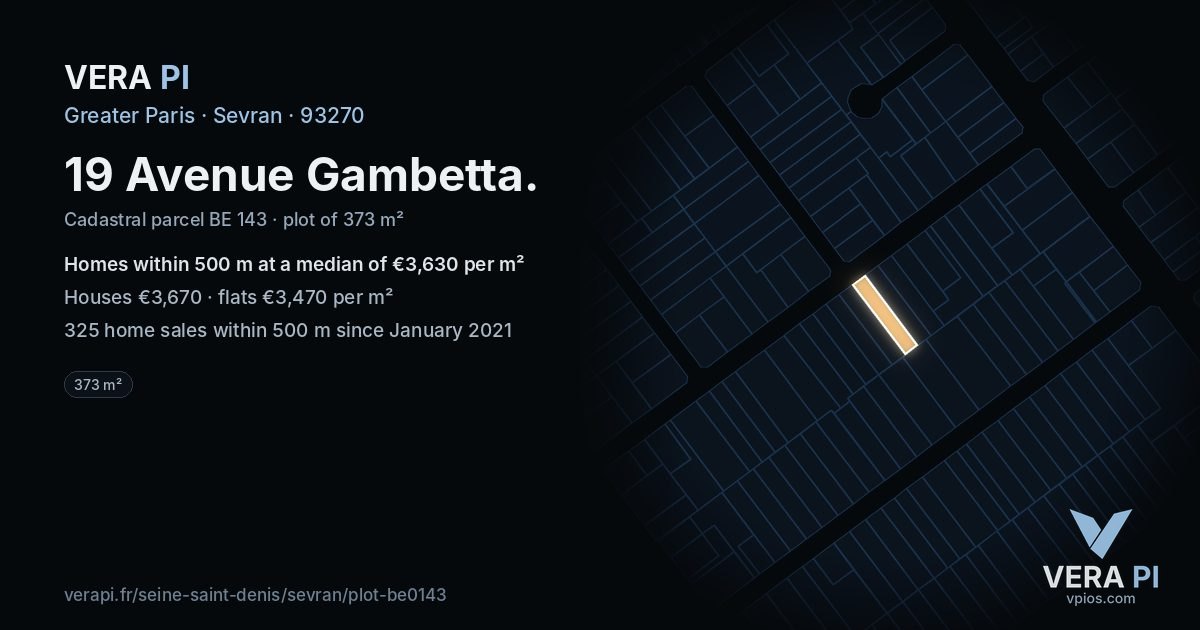 19 Avenue Gambetta, Sevran at night – the plot lit, the parcels around coloured by the prices near them