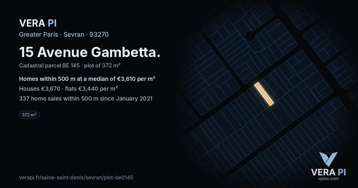 15 Avenue Gambetta, Sevran at night – the plot lit, the parcels around coloured by the prices near them