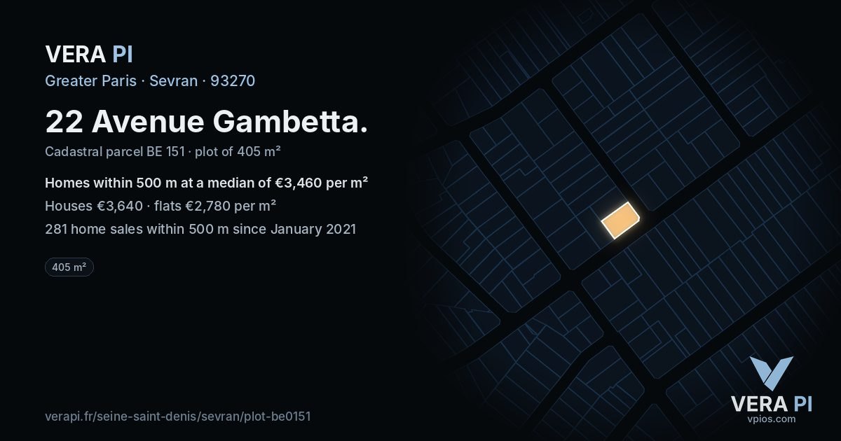 22 Avenue Gambetta, Sevran at night – the plot lit, the parcels around coloured by the prices near them
