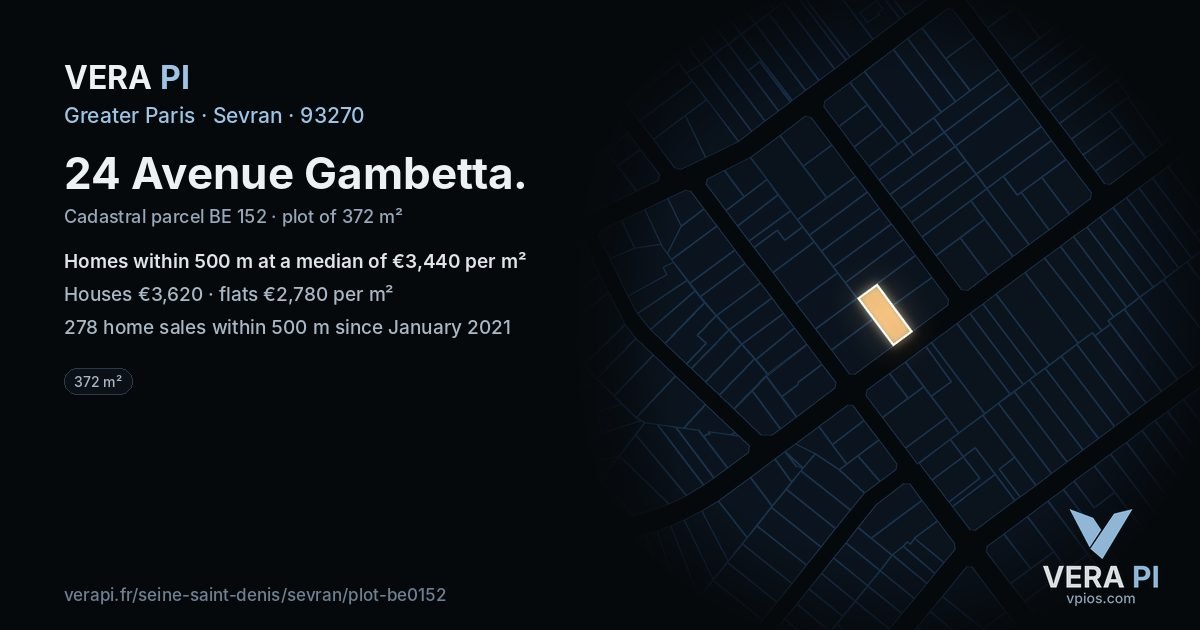 24 Avenue Gambetta, Sevran at night – the plot lit, the parcels around coloured by the prices near them