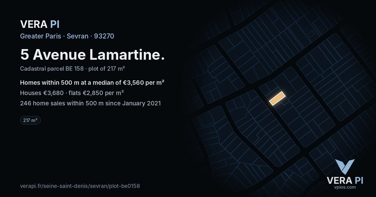 5 Avenue Lamartine, Sevran at night – the plot lit, the parcels around coloured by the prices near them