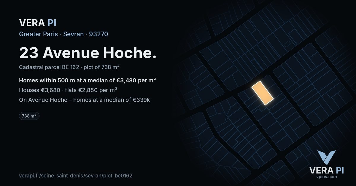 23 Avenue Hoche, Sevran at night – the plot lit, the parcels around coloured by the prices near them