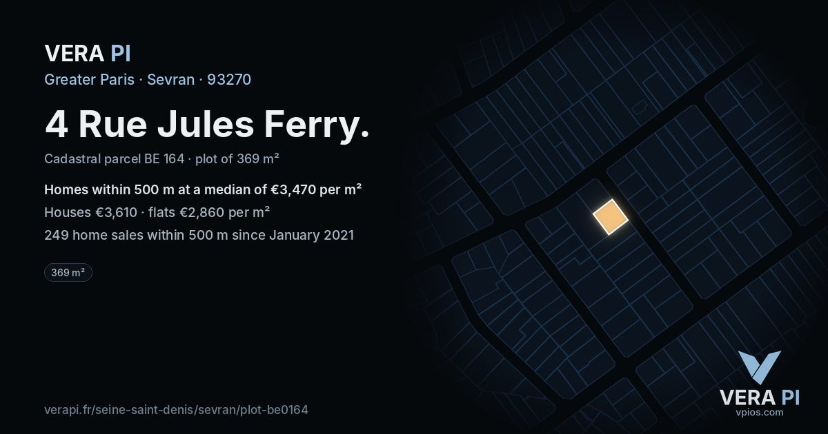 4 Rue Jules Ferry, Sevran at night – the plot lit, the parcels around coloured by the prices near them