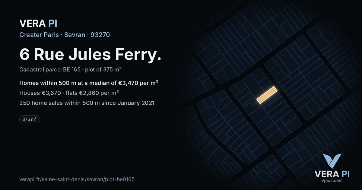 6 Rue Jules Ferry, Sevran at night – the plot lit, the parcels around coloured by the prices near them