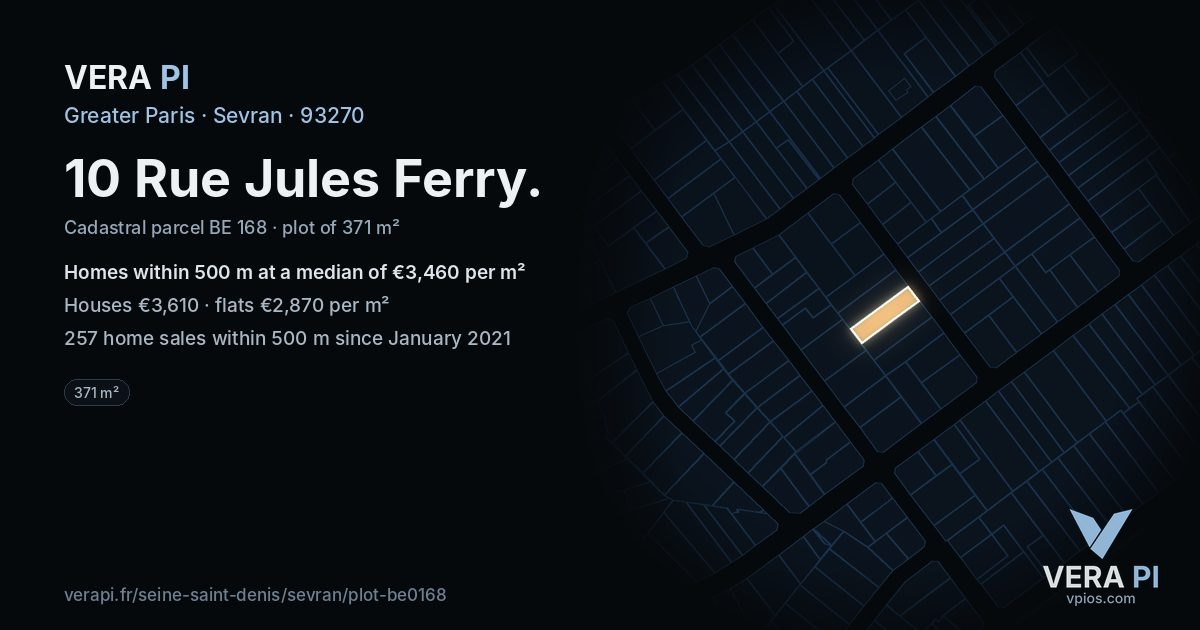10 Rue Jules Ferry, Sevran at night – the plot lit, the parcels around coloured by the prices near them