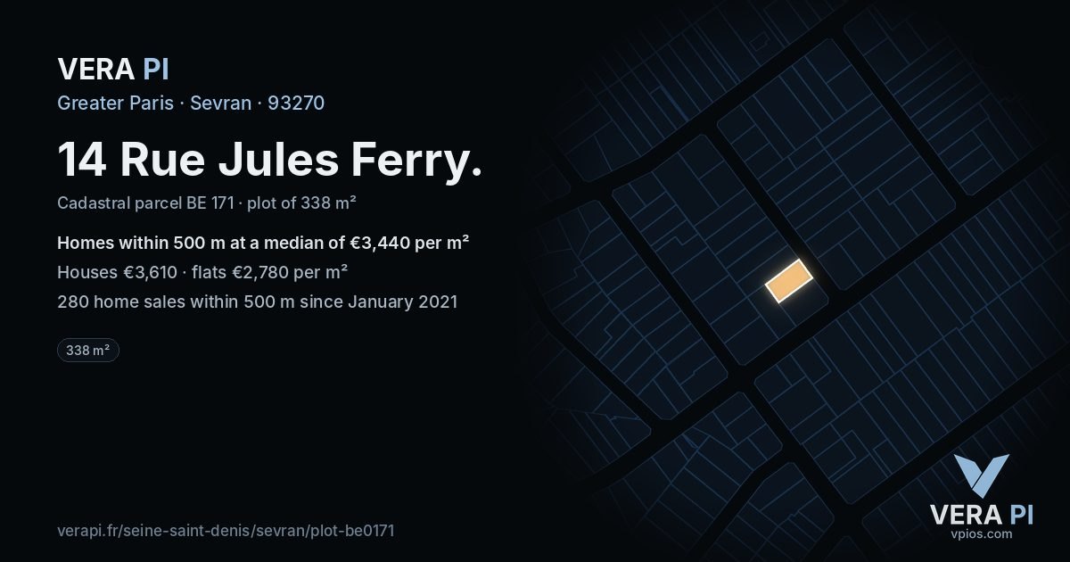 14 Rue Jules Ferry, Sevran at night – the plot lit, the parcels around coloured by the prices near them