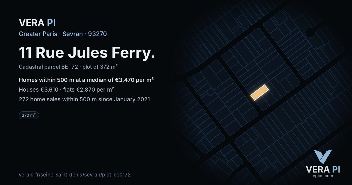 11 Rue Jules Ferry, Sevran at night – the plot lit, the parcels around coloured by the prices near them