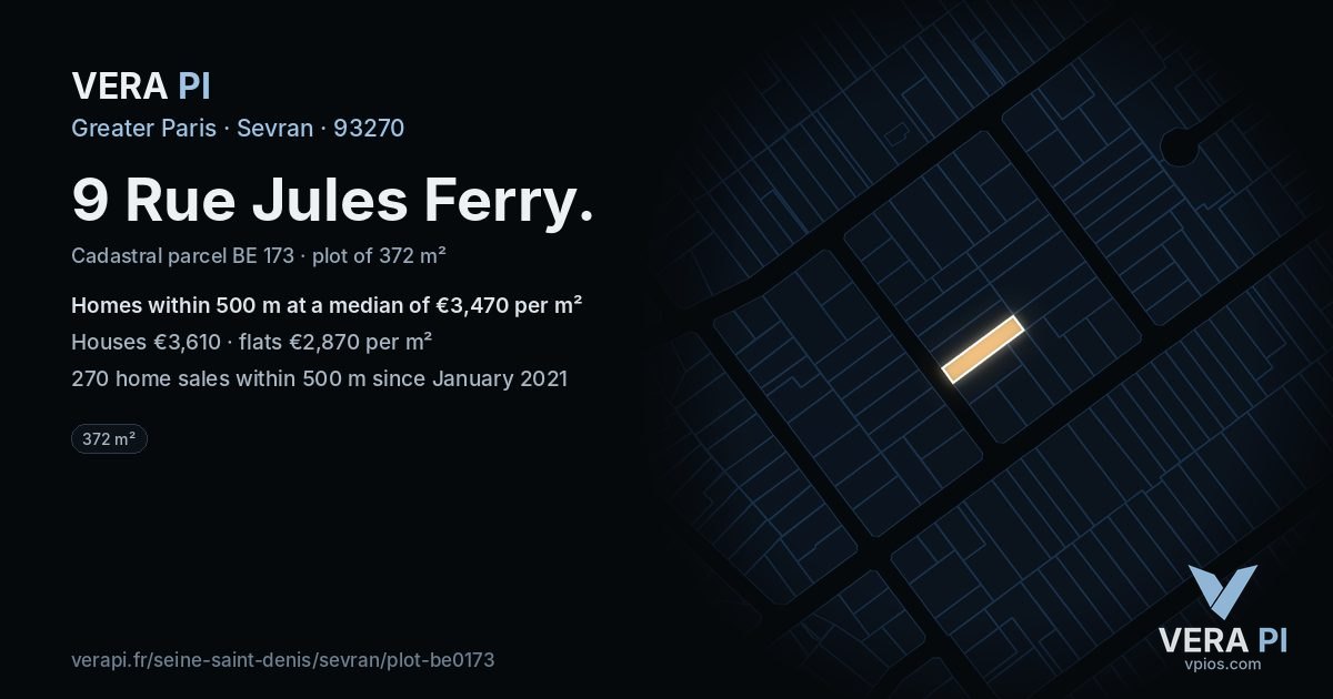 9 Rue Jules Ferry, Sevran at night – the plot lit, the parcels around coloured by the prices near them
