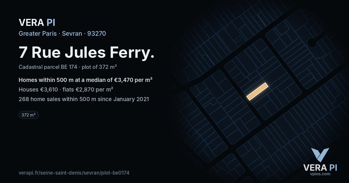 7 Rue Jules Ferry, Sevran at night – the plot lit, the parcels around coloured by the prices near them