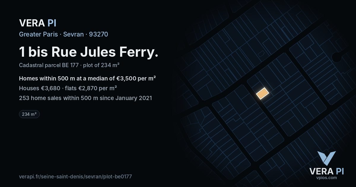 1 bis Rue Jules Ferry, Sevran at night – the plot lit, the parcels around coloured by the prices near them