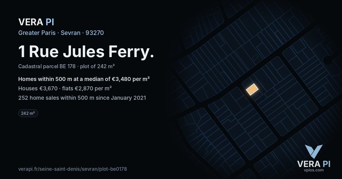 1 Rue Jules Ferry, Sevran at night – the plot lit, the parcels around coloured by the prices near them