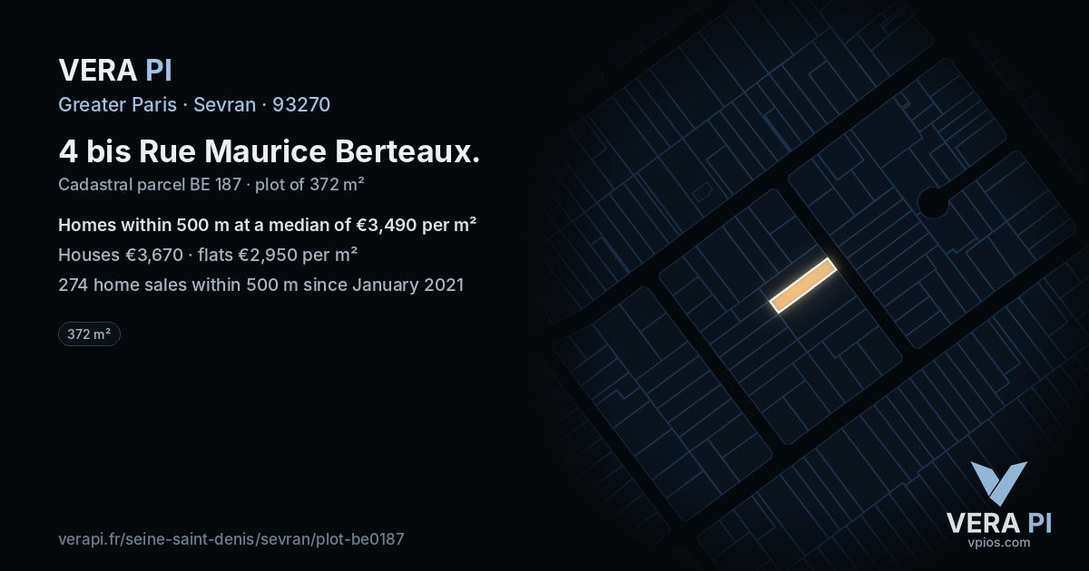 4 bis Rue Maurice Berteaux, Sevran at night – the plot lit, the parcels around coloured by the prices near them
