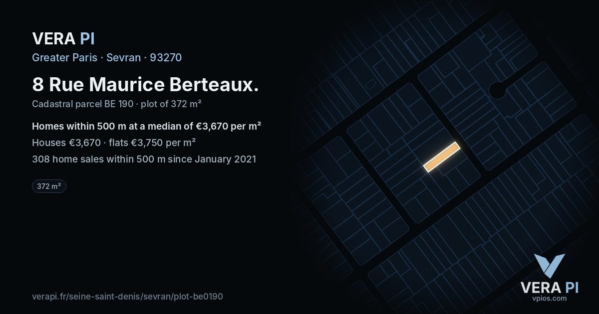 8 Rue Maurice Berteaux, Sevran at night – the plot lit, the parcels around coloured by the prices near them