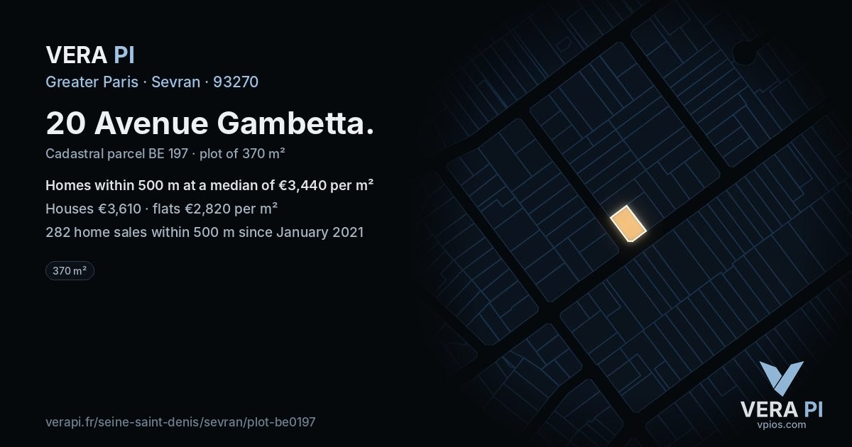 20 Avenue Gambetta, Sevran at night – the plot lit, the parcels around coloured by the prices near them