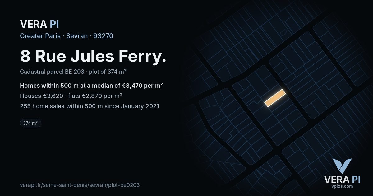 8 Rue Jules Ferry, Sevran at night – the plot lit, the parcels around coloured by the prices near them