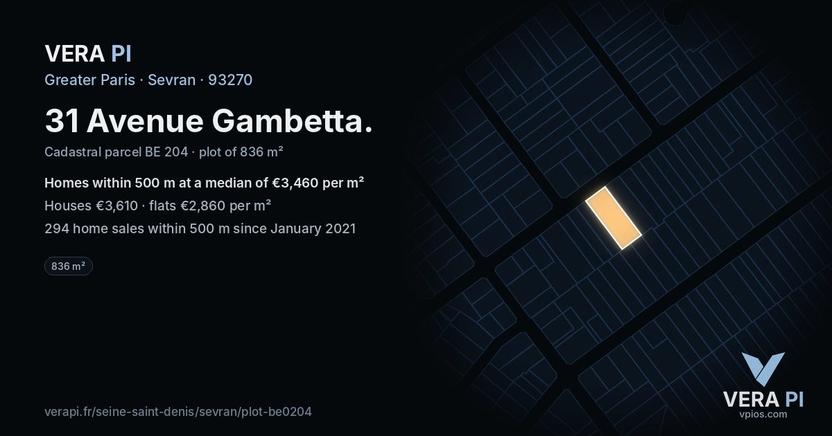 31 Avenue Gambetta, Sevran at night – the plot lit, the parcels around coloured by the prices near them