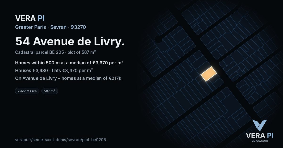 54 Avenue de Livry, Sevran at night – the plot lit, the parcels around coloured by the prices near them