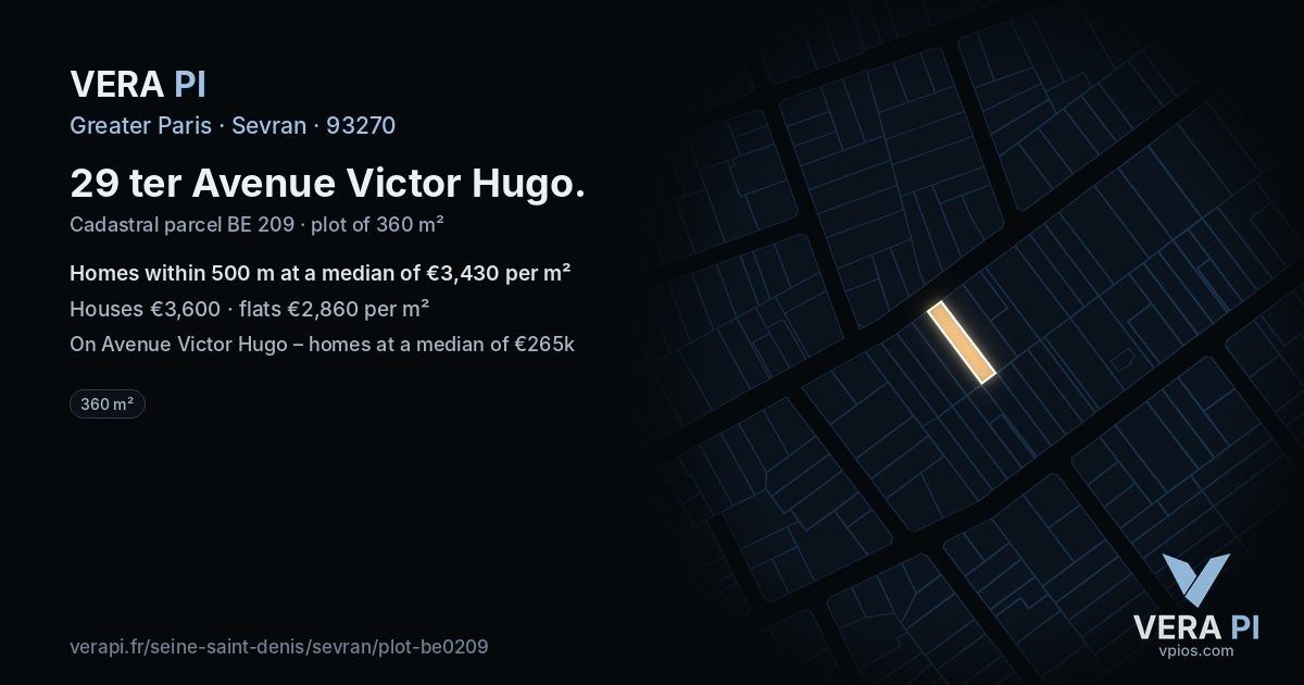 29 ter Avenue Victor Hugo, Sevran at night – the plot lit, the parcels around coloured by the prices near them