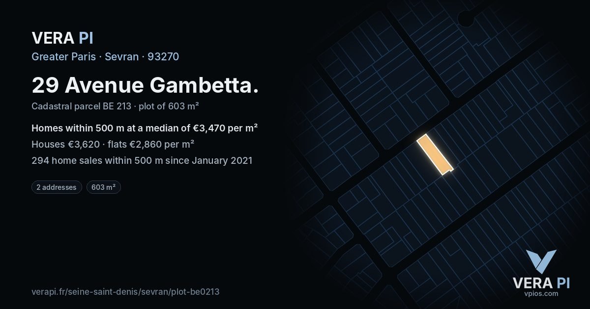 29 Avenue Gambetta, Sevran at night – the plot lit, the parcels around coloured by the prices near them