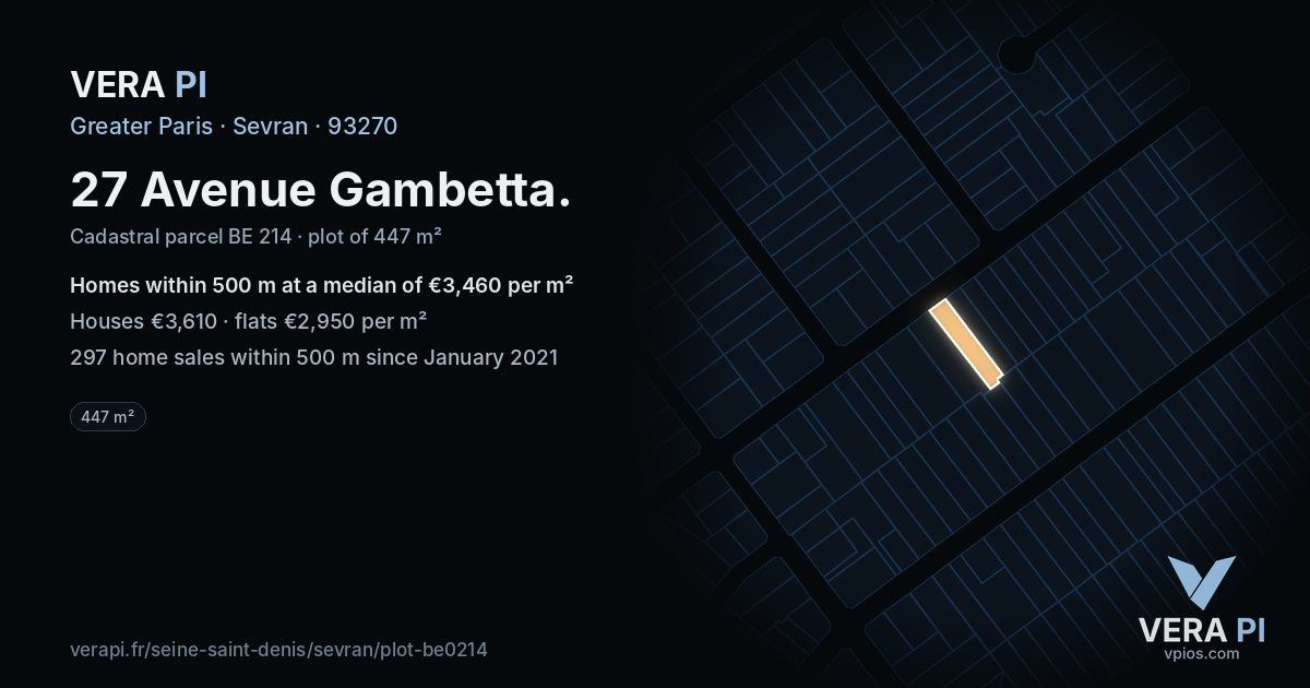 27 Avenue Gambetta, Sevran at night – the plot lit, the parcels around coloured by the prices near them