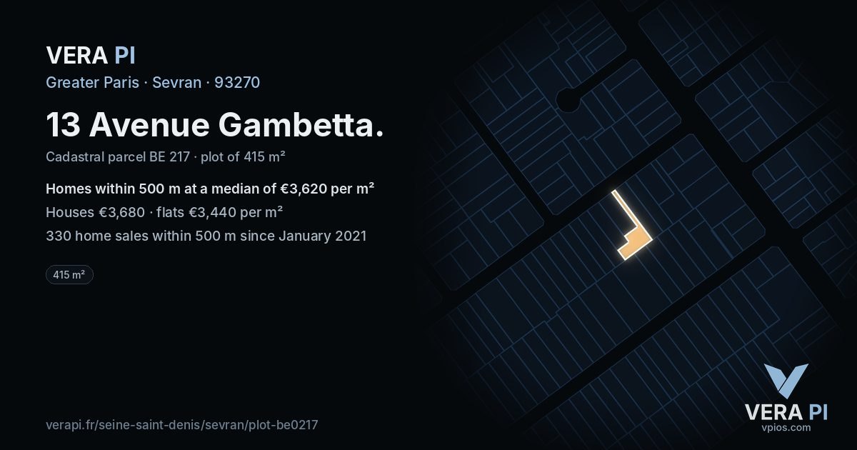 13 Avenue Gambetta, Sevran at night – the plot lit, the parcels around coloured by the prices near them