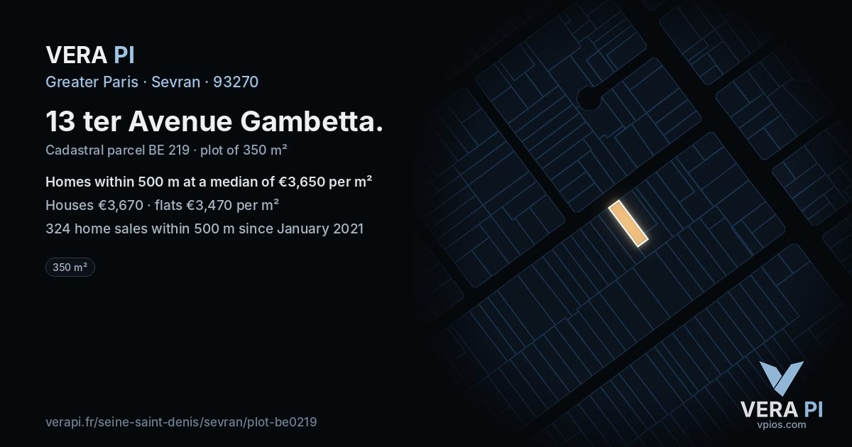 13 ter Avenue Gambetta, Sevran at night – the plot lit, the parcels around coloured by the prices near them