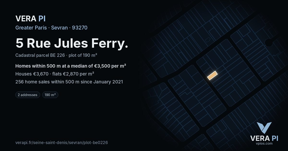 5 Rue Jules Ferry, Sevran at night – the plot lit, the parcels around coloured by the prices near them