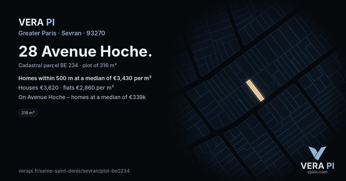 28 Avenue Hoche, Sevran at night – the plot lit, the parcels around coloured by the prices near them