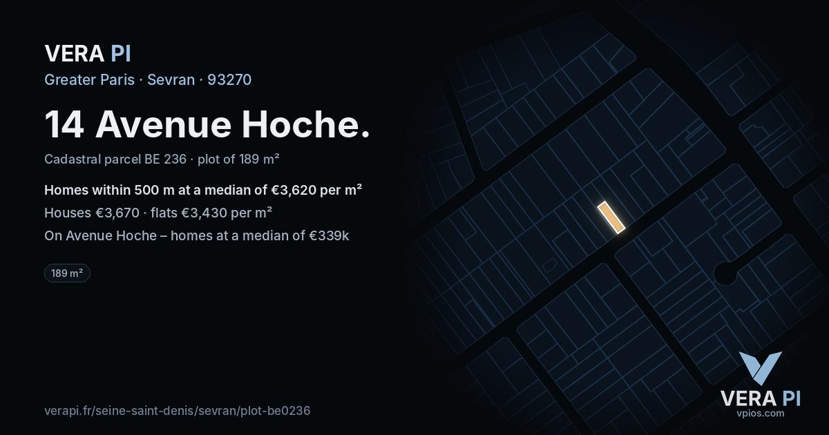 14 Avenue Hoche, Sevran at night – the plot lit, the parcels around coloured by the prices near them