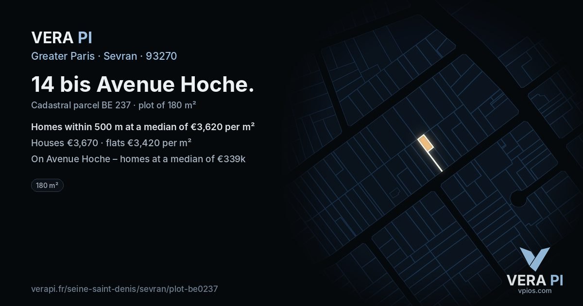 14 bis Avenue Hoche, Sevran at night – the plot lit, the parcels around coloured by the prices near them