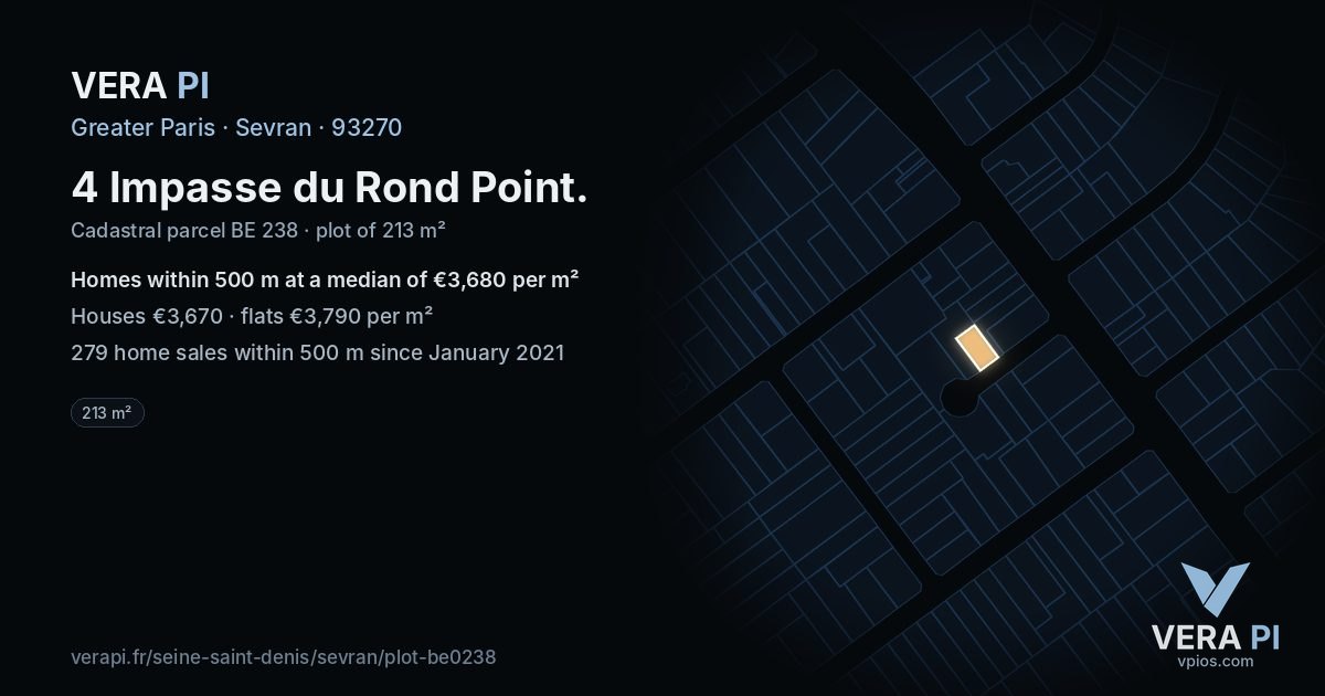 4 Impasse du Rond Point, Sevran at night – the plot lit, the parcels around coloured by the prices near them