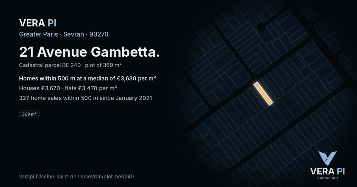 21 Avenue Gambetta, Sevran at night – the plot lit, the parcels around coloured by the prices near them
