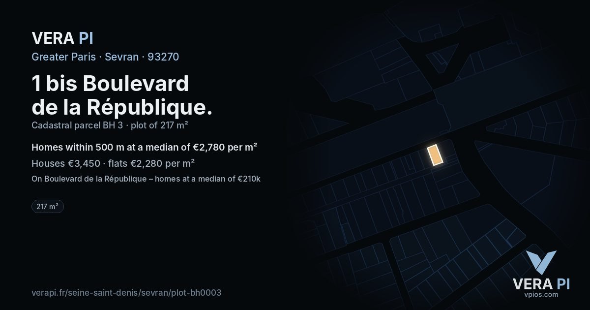 1 bis Boulevard de la République, Sevran at night – the plot lit, the parcels around coloured by the prices near them