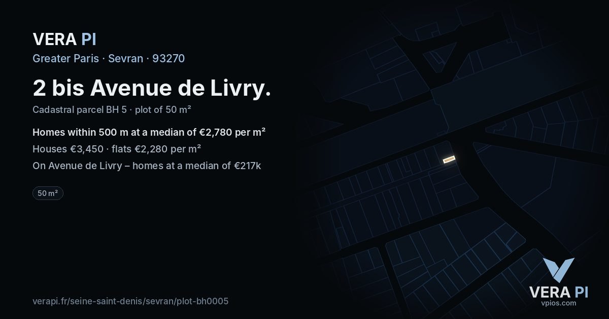 2 bis Avenue de Livry, Sevran at night – the plot lit, the parcels around coloured by the prices near them