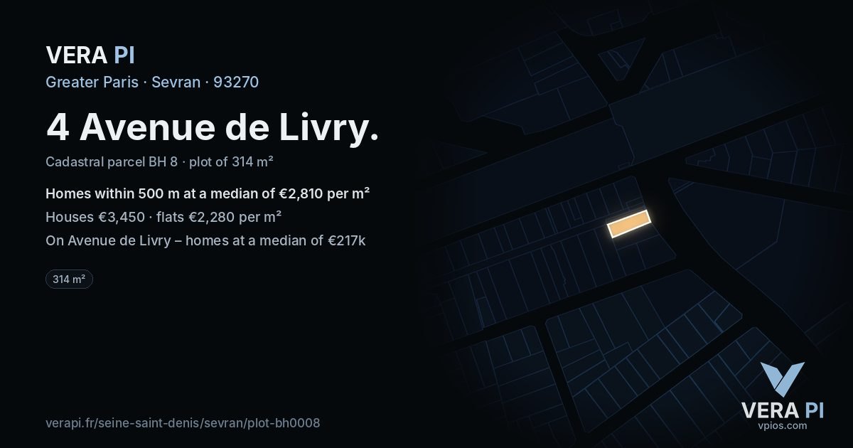 4 Avenue de Livry, Sevran at night – the plot lit, the parcels around coloured by the prices near them