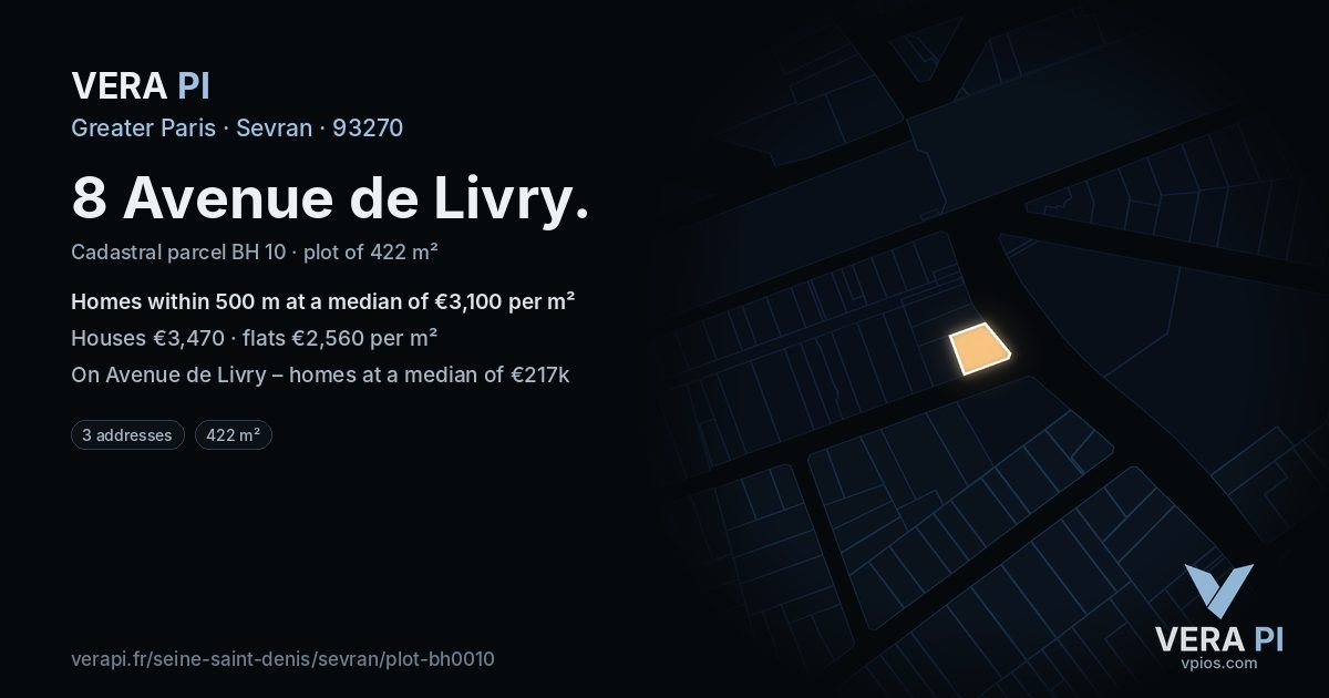8 Avenue de Livry, Sevran at night – the plot lit, the parcels around coloured by the prices near them