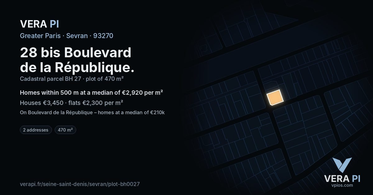 28 bis Boulevard de la République, Sevran at night – the plot lit, the parcels around coloured by the prices near them