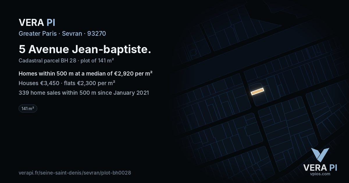 5 Avenue Jean-baptiste, Sevran at night – the plot lit, the parcels around coloured by the prices near them