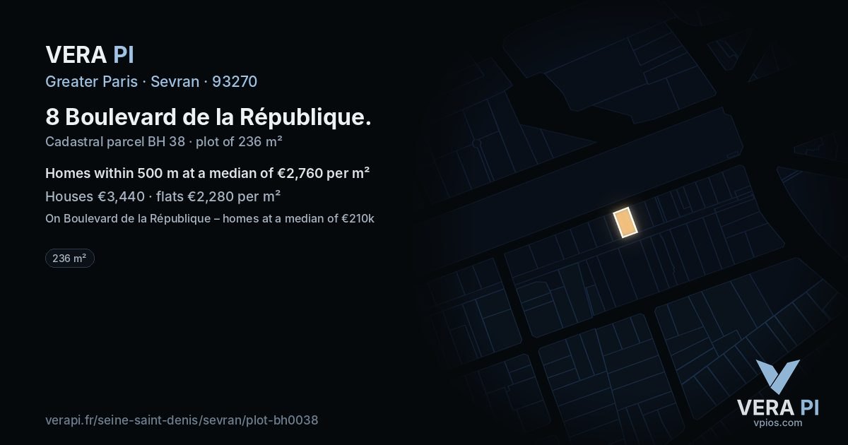 8 Boulevard de la République, Sevran at night – the plot lit, the parcels around coloured by the prices near them
