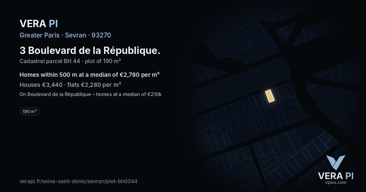 3 Boulevard de la République, Sevran at night – the plot lit, the parcels around coloured by the prices near them