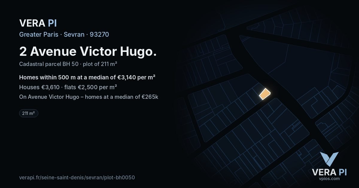 2 Avenue Victor Hugo, Sevran at night – the plot lit, the parcels around coloured by the prices near them