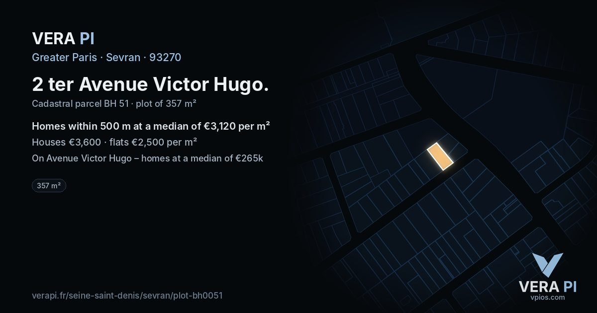2 ter Avenue Victor Hugo, Sevran at night – the plot lit, the parcels around coloured by the prices near them
