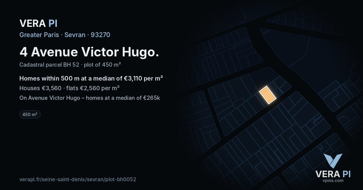 4 Avenue Victor Hugo, Sevran at night – the plot lit, the parcels around coloured by the prices near them